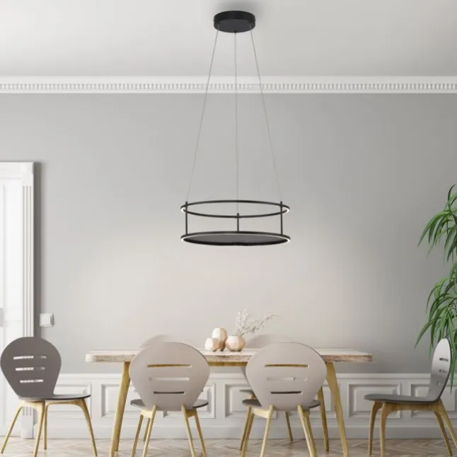 LED Pendelleuchte CONNI schwarz, rund, Touchdimmer, Deko Ablagefläche, höhenverstellbar