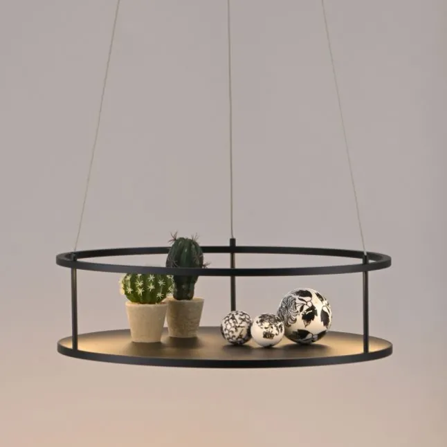 LED Pendelleuchte CONNI schwarz, rund, Touchdimmer, Deko Ablagefläche, höhenverstellbar