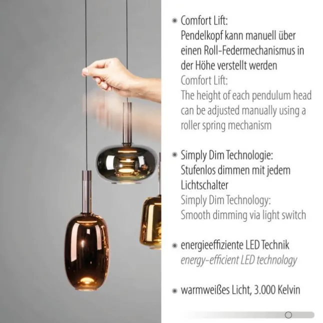 LED Pendelleuchte 6 flammig höhenverstellbar per Lift dimmbar Memoryfunktion