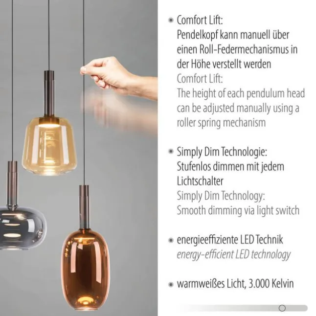 LED Pendelleuchte 3 flammig höhenverstellbar per Lift dimmbar Memoryfunktion