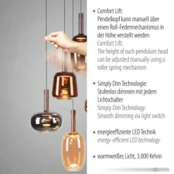 LED Pendelleuchte 5 flammig höhenverstellbar per Lift dimmbar Memoryfunktion