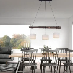 LED-Pendelleuchte, 3-flammig, Holz, 3xE27, Stoffschirme