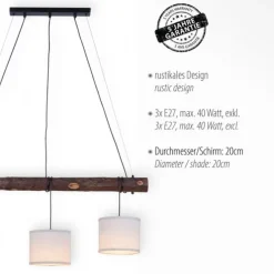 LED-Pendelleuchte, 3-flammig, Holz, 3xE27, Stoffschirme