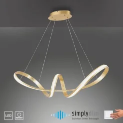 LED Pendelleuchte, gold, elegant, geschwungen, warmweißes Licht, Blattgold