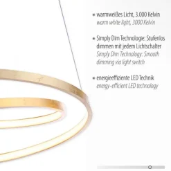 LED-Pendelleuchte gold geschwungener Leuchtring, Dimmfunktion, modern