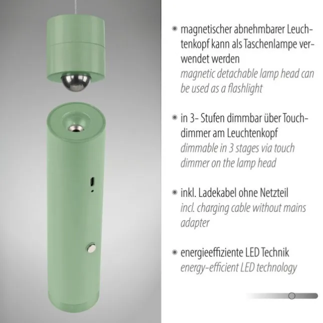 LED Pendelleuchte grün höhenverstellbar magnetischer Kopf Akku