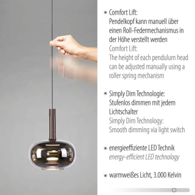 LED Pendelleuchte höhenverstellbar per Lift 3 flammig dimmbar Memoryfunktion