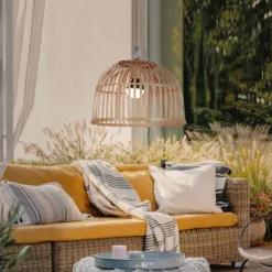 LED-Pendelleuchte, Holzstil, akkubetrieben, IP44, dimmbar, Fernbedienung, warmweiß