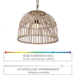 LED-Pendelleuchte, Holzstil, akkubetrieben, IP44, dimmbar, Fernbedienung, warmweiß