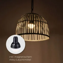 LED-Pendelleuchte, Holzstil, akkubetrieben, IP44, dimmbar, Fernbedienung, warmweiß