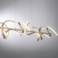 LED-Pendelleuchte in messing-matt mit 4 geschwungenen Leuchtarmen mit Dimmfunktion strahlt warmweiß