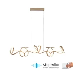 LED-Pendelleuchte in messing-matt mit 4 geschwungenen Leuchtarmen mit Dimmfunktion strahlt warmweiß
