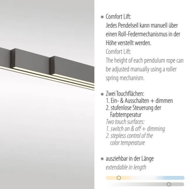 LED Pendelleuchte mit Comfort Lift, anthrazit, höhenverstellbar, ausziehbar