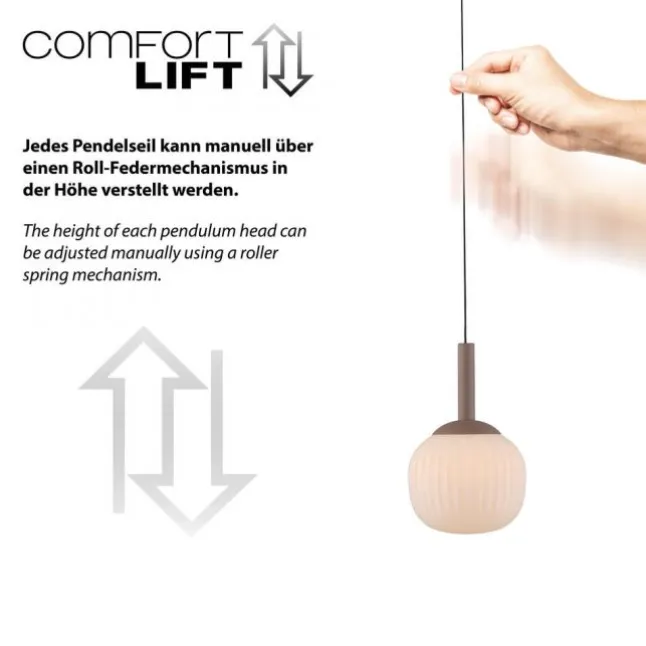 LED Pendelleuchte NAMI, sandfarben, Comfort-Lift, Memoryfunktion, Opalglas