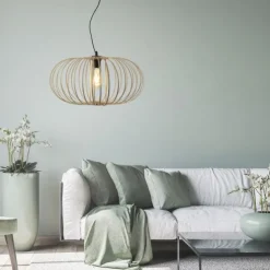 LED Pendelleuchte Naturholz 1 flammig ellipsenförmig Hängelampe