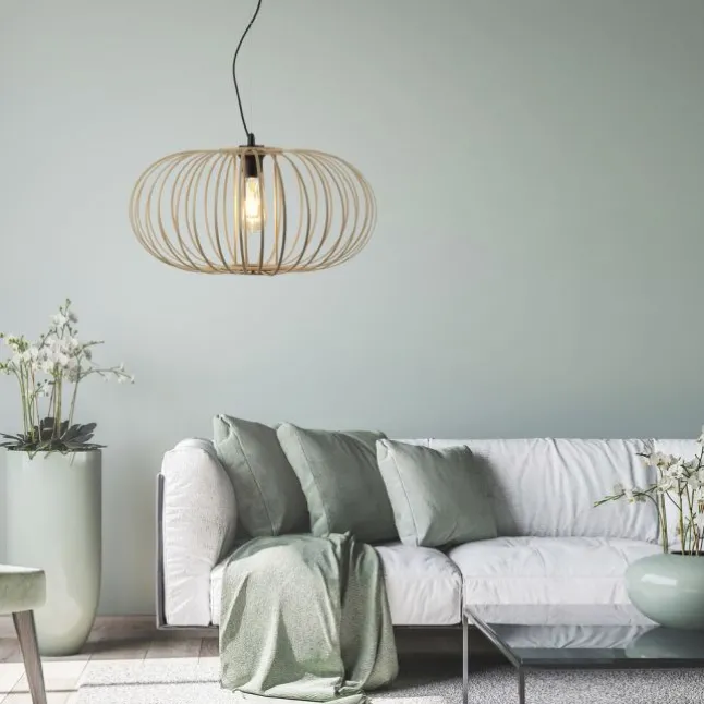 LED Pendelleuchte Naturholz 1 flammig ellipsenförmig Hängelampe