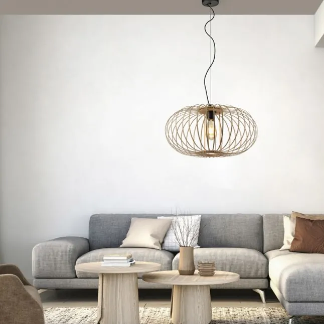 LED Pendelleuchte Naturholz 1 flammig ellipsenförmig Hängelampe