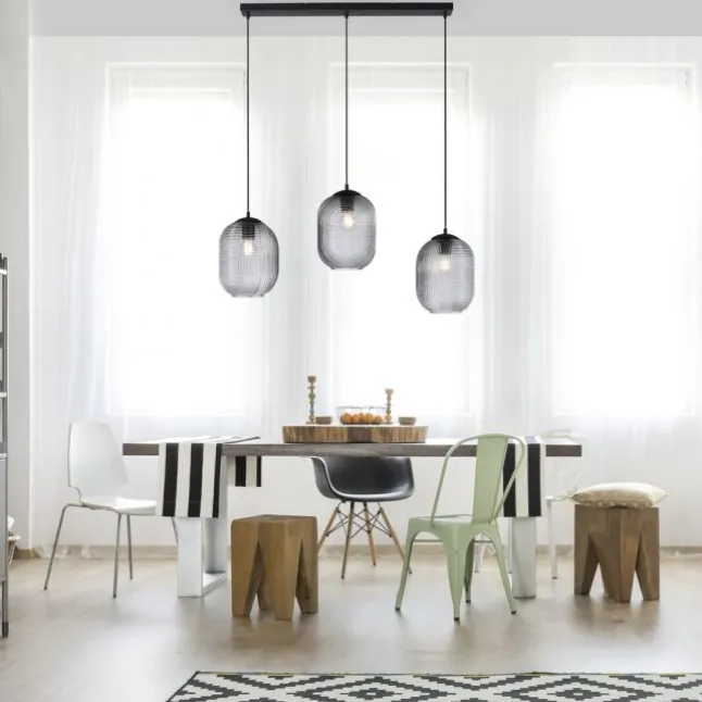 LED Pendelleuchte Rauchglas getönt 3 flammig retro Design oval Esszimmer