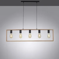 LED Pendelleuchte, schwarz, Esstisch, Holzrahmen, Metall, 5 flammige Pendellampe