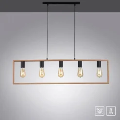 LED Pendelleuchte, schwarz, Esstisch, Holzrahmen, Metall, 5 flammige Pendellampe