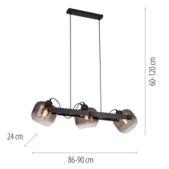 LED Pendelleuchte schwarz 3 flammig Holz Rauchglas höhenverstellbar
