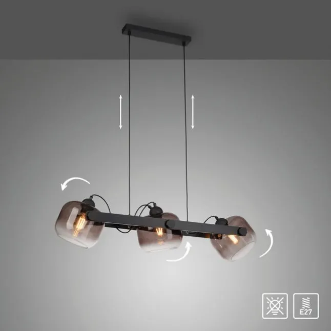 LED Pendelleuchte schwarz 3 flammig Holz Rauchglas höhenverstellbar