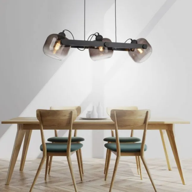 LED Pendelleuchte schwarz 3 flammig Holz Rauchglas höhenverstellbar