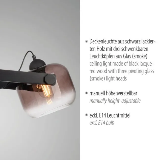 LED Pendelleuchte schwarz 3 flammig Holz Rauchglas höhenverstellbar