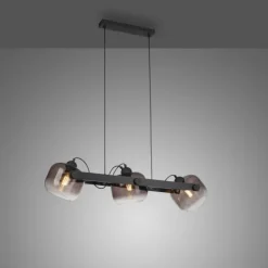 LED Pendelleuchte schwarz 3 flammig Holz Rauchglas höhenverstellbar