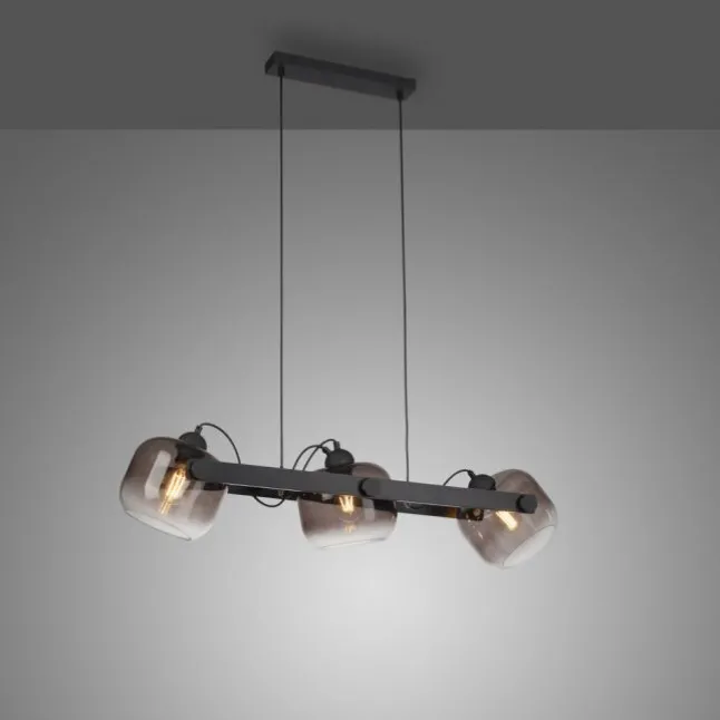 LED Pendelleuchte schwarz 3 flammig Holz Rauchglas höhenverstellbar