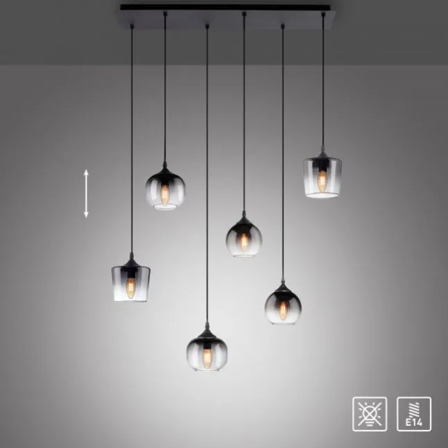 LED Pendelleuchte schwarz 6 flammig Rauchglas modern Wohnlampe