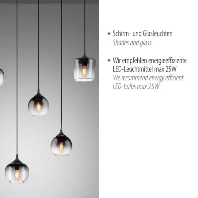 LED Pendelleuchte schwarz 6 flammig Rauchglas modern Wohnlampe