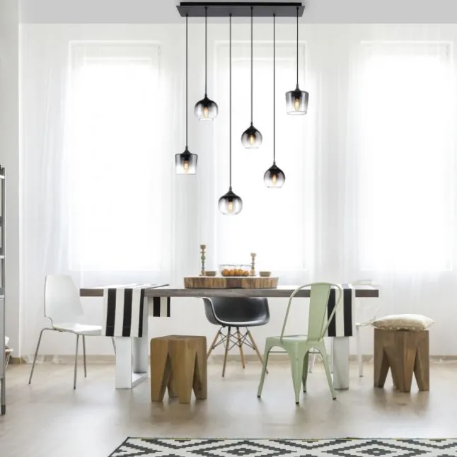 LED Pendelleuchte schwarz 6 flammig Rauchglas modern Wohnlampe
