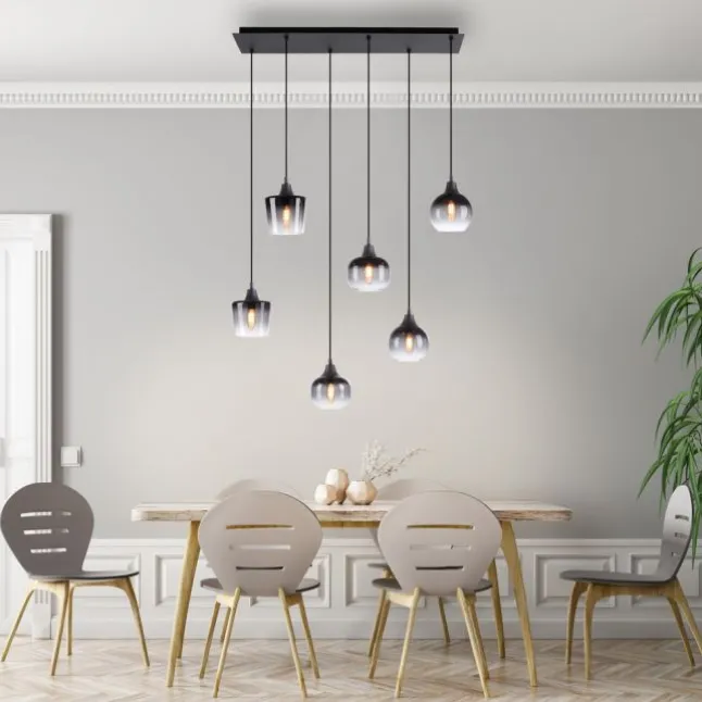 LED Pendelleuchte schwarz 6 flammig Rauchglas modern Wohnlampe