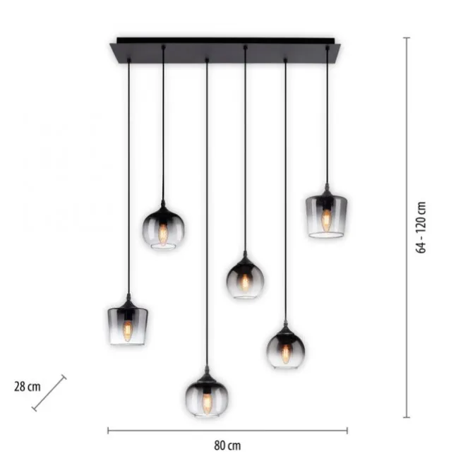 LED Pendelleuchte schwarz 6 flammig Rauchglas modern Wohnlampe