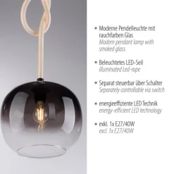 LED Pendelleuchte schwarz 1 flammig Seil beleuchtet höhenverstellbar