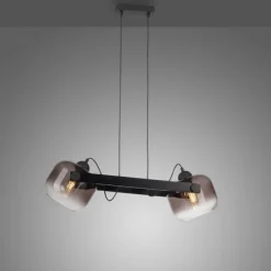 LED Pendelleuchte schwarz 2 flammig Holz Rauchglas höhenverstellbar