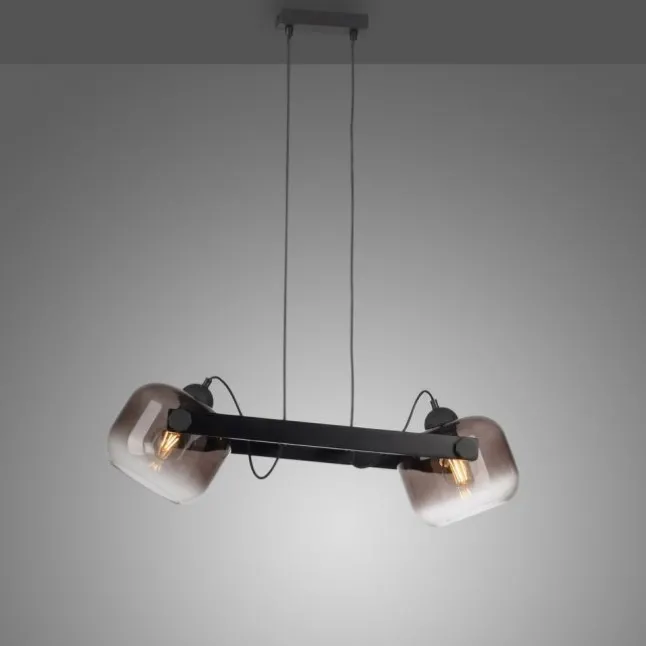 LED Pendelleuchte schwarz 2 flammig Holz Rauchglas höhenverstellbar