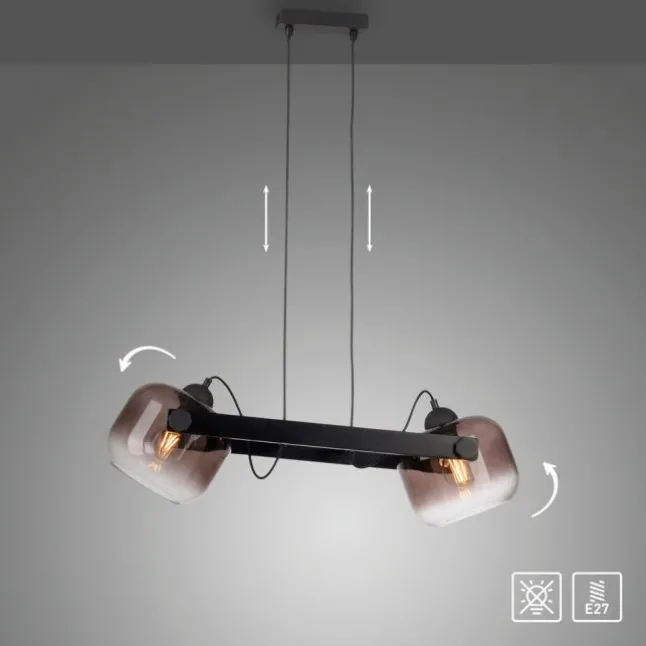 LED Pendelleuchte schwarz 2 flammig Holz Rauchglas höhenverstellbar