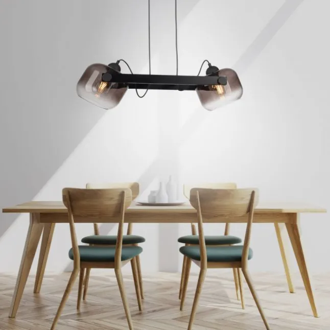 LED Pendelleuchte schwarz 2 flammig Holz Rauchglas höhenverstellbar