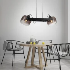 LED Pendelleuchte schwarz 2 flammig Holz Rauchglas höhenverstellbar
