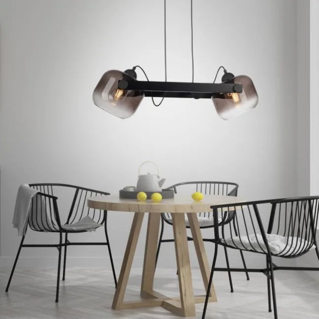 LED Pendelleuchte schwarz 2 flammig Holz Rauchglas höhenverstellbar
