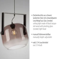 LED Pendelleuchte schwarz 1 flammig Holz Rauchglas höhenverstellbar