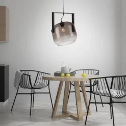 LED Pendelleuchte schwarz 1 flammig Holz Rauchglas höhenverstellbar