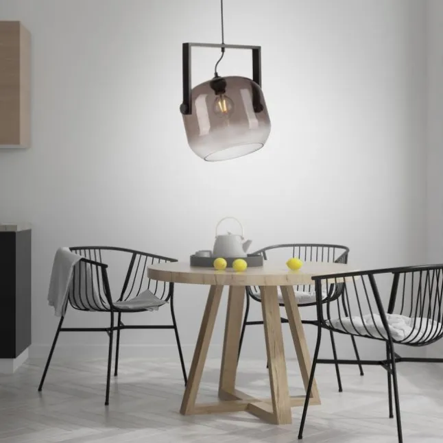 LED Pendelleuchte schwarz 1 flammig Holz Rauchglas höhenverstellbar