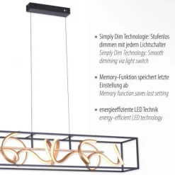LED Pendelleuchte, schwarz, gold, geschwungene Leuchtstäbe, dimmbar, modern