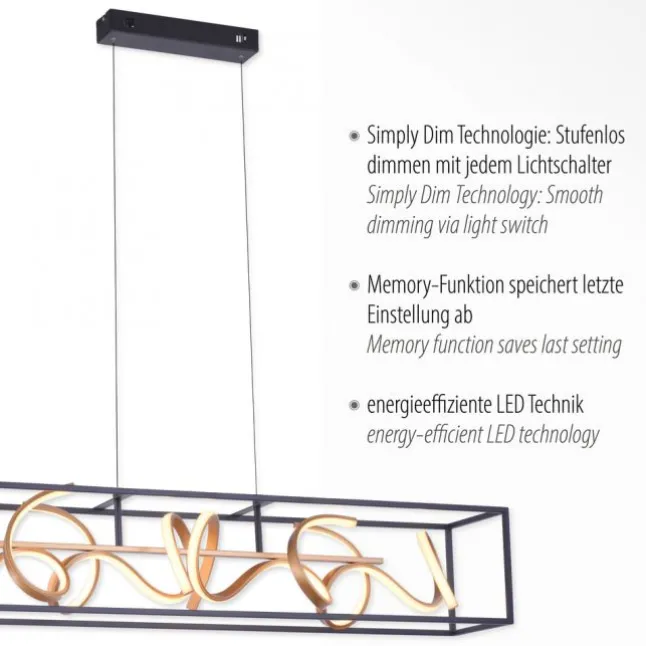 LED Pendelleuchte, schwarz, gold, geschwungene Leuchtstäbe, dimmbar, modern