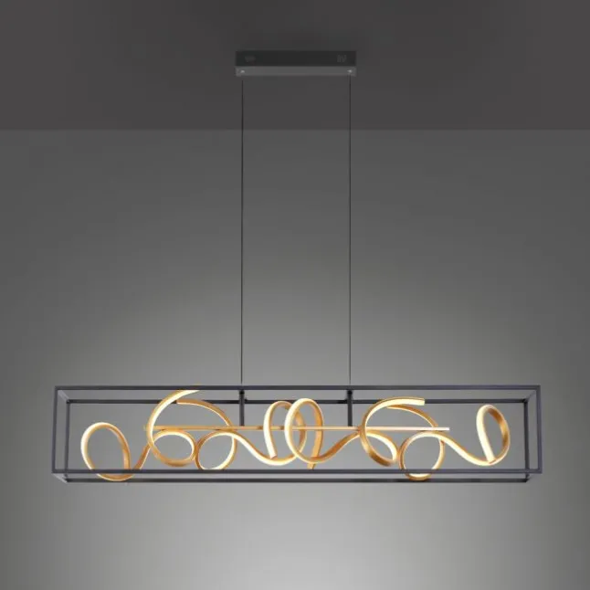 LED Pendelleuchte, schwarz, gold, geschwungene Leuchtstäbe, dimmbar, modern