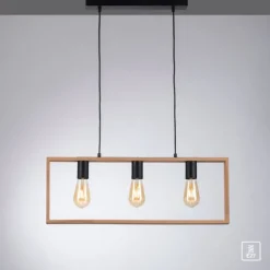 LED Pendelleuchte, schwarz, Holzrahmen, Metall, 3 flammige Pendellampe