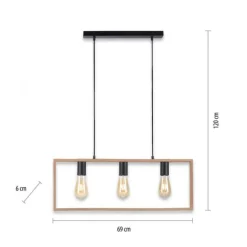 LED Pendelleuchte, schwarz, Holzrahmen, Metall, 3 flammige Pendellampe